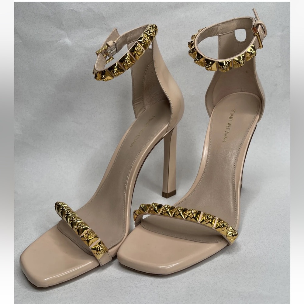 Stuart Weitzman Nude Blush with Gold roses Metal Detail Evening Sandals Heels